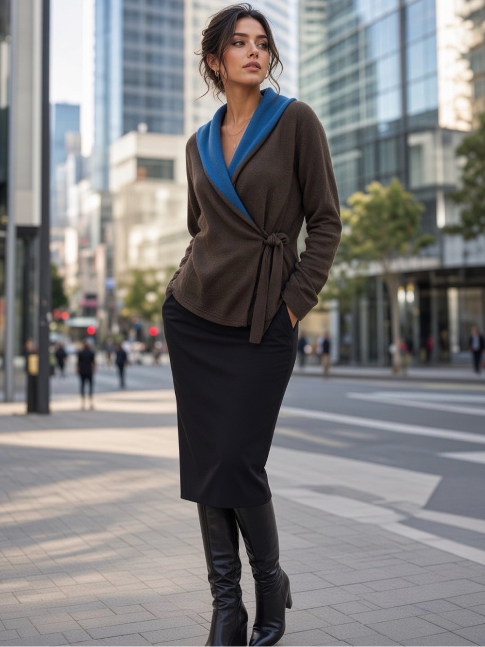 Title Nine Soft Wool Brown & Blue Wrap Cardigan w/ Hoodie sz M